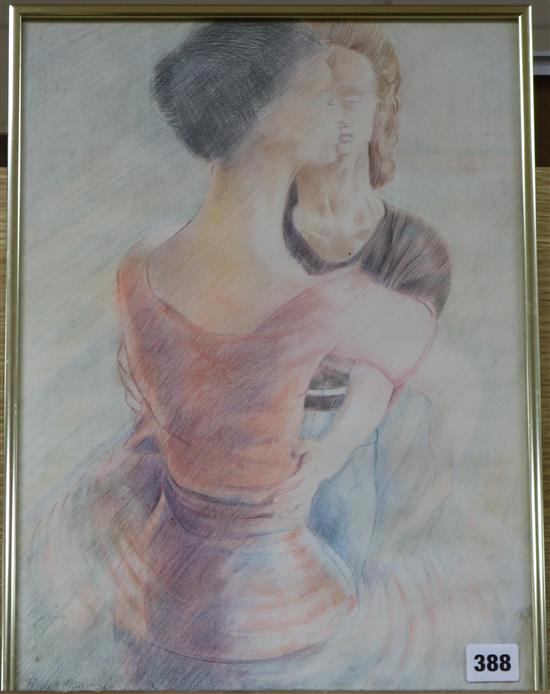 Philip Meninsky, coloured pencil, Dancing, signed, 42 x 31cm
